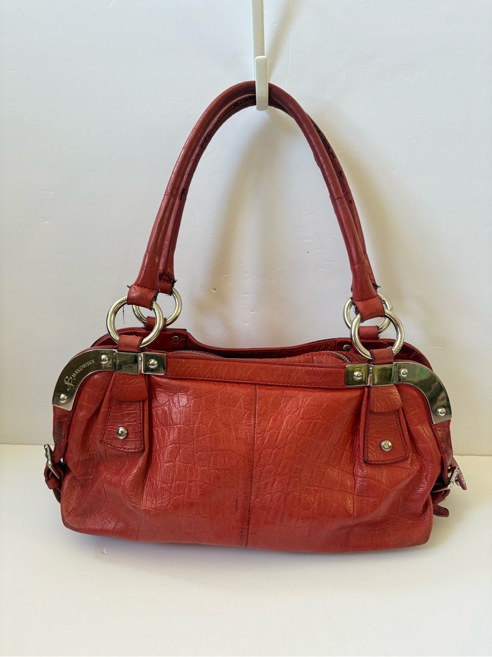 B.Makowsky Purse Bag Satchel Red Croc Leather Pebbled Preppy Career Academia